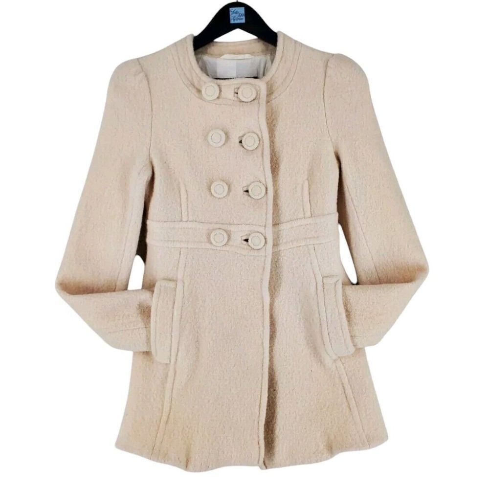 Vtg Y2K French Connection Boiled Wool Pea Coat Blazer Sz 2 Beige Silk Lined READ